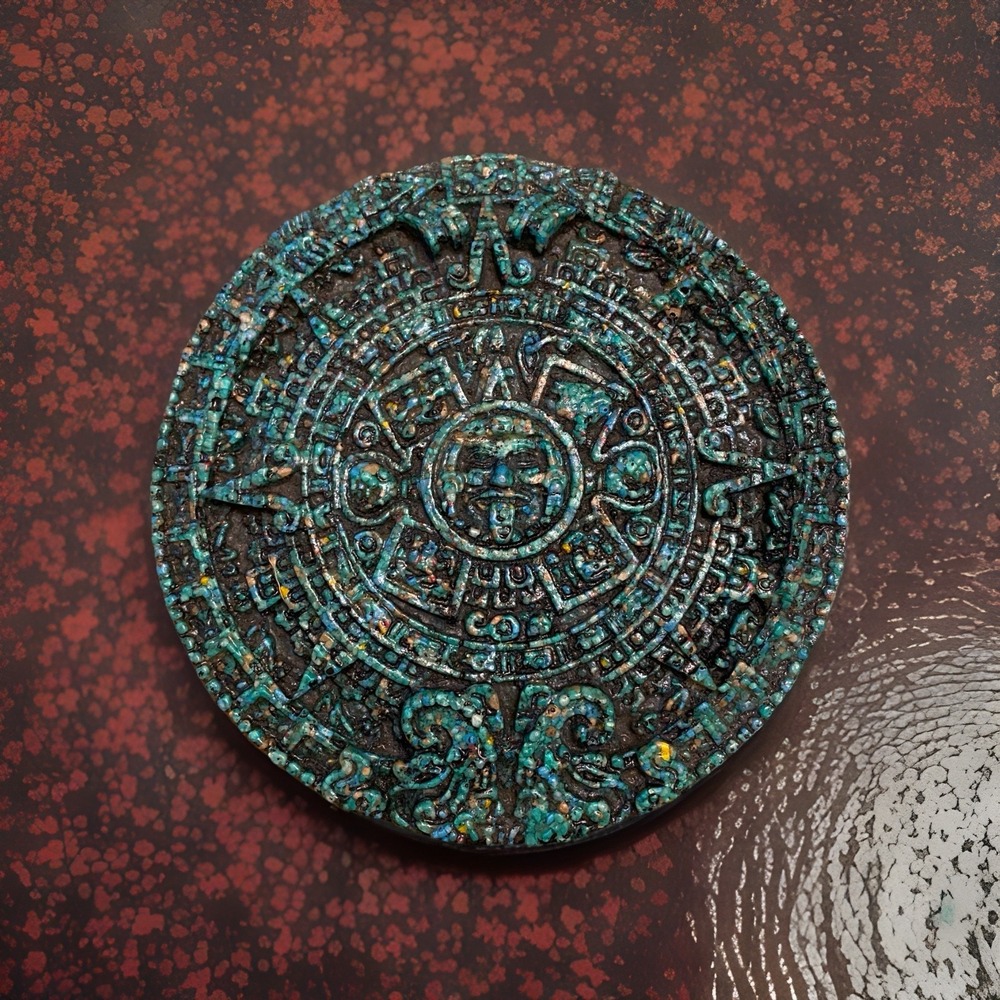 Vintage Mayan Aztec Stone Of The Sun Calendar Green Stone Plaque Wall Art